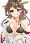  absurdres bad_id bad_pixiv_id bikini bikini_top black_bikini blue_eyes breasts brown_hair cleavage collarbone double_bun finger_to_mouth headgear highres kantai_collection kongou_(kantai_collection) large_breasts licking_lips long_hair looking_at_viewer nontraditional_miko off_shoulder ribbon-trimmed_sleeves ribbon_trim rinto_(rint_rnt) shiny shiny_skin simple_background smile solo swimsuit tongue tongue_out upper_body white_background 