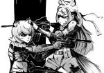 2girls aiming ammunition_pouch animal_ears assault_rifle body_armor commentary dog_ears dog_girl dog_tail english_commentary fuwawa_abyssgard greyscale gun headband highres holding holding_gun holding_weapon hololive hololive_english long_hair metal_gear_(series) mococo_abyssgard monochrome multiple_girls oame parody pouch rifle shinkawa_youji_(style) siblings sisters tail twins virtual_youtuber weapon 