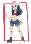  1girl :d alternate_costume beanie boots bracelet collarbone commentary_request cropped_shirt dawn_(pokemon) eyelashes full_body grey_eyes grey_shorts hainchu hat highres jewelry knees open_mouth pokemon pokemon_(anime) pokemon_journeys poketch shirt short_sleeves shorts smile socks solo standing sweat tongue watch white_background white_headwear wristwatch 