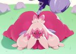 big_butt breasts butt female generation_9_pokemon hammer hi_res huge_butt huge_thighs humanoid hyper hyper_butt kkoart lying nintendo not_furry nude on_front pink_body pokemon pokemon_(species) solo thick_thighs tinkaton tongue tongue_out tools