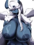 absol absurd_res anthro areola big_breasts blue_body blue_fur breasts female fur generation_3_pokemon hair hi_res huge_breasts mammal mega_absol mega_evolution nintendo nipples pokemon pokemon_(species) red_eyes simple_background solo taphris white_body white_fur wings