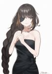  1girl black_dress braid breasts brown_eyes brown_hair closed_mouth dress eyepatch girls&#039;_frontline highres looking_to_the_side m16a1_(girls&#039;_frontline) mole mole_under_eye multicolored_hair own_hands_together saturndxy scar simple_background 