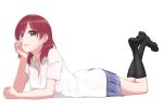  1girl black_socks blue_skirt collarbone commentary_request feet_up hand_on_own_chin head_rest highres kneehighs looking_at_viewer love_live! love_live!_school_idol_project lying medium_hair nishikino_maki on_stomach plaid plaid_skirt purple_eyes red_hair red_nails s_sho_mkrn school_uniform shirt short_sleeves sidelocks skirt smile socks solo white_background white_shirt 