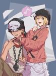  1boy 1girl beanie bitou_daisukenojou bitou_raimu black_headwear blonde_hair blue_eyes brother_and_sister cabbie_hat chain chain_necklace hair_between_eyes hat highres holding holding_leash jacket jewelry leash looking_at_viewer musical_note necklace ohji130 open_mouth overalls pink_jacket short_hair siblings skull_necklace skull_print smile spoken_musical_note subarashiki_kono_sekai sweatdrop tank_top white_overalls white_tank_top 