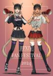  2girls animal_ears baseball_cap black_thighhighs blonde_hair brown_eyes cam_(cammero95713700) cat_ears cat_tail dark-skinned_female dark_skin ears_through_headwear english_text facial_mark final_fantasy final_fantasy_xiv gradient_background hat highres long_hair looking_at_viewer midriff miqo&#039;te mole mole_under_mouth multiple_girls navel open_mouth pleated_skirt shirt skirt slit_pupils tail thighhighs tied_shirt warrior_of_light_(ff14) whisker_markings 