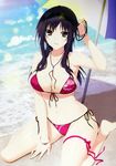  :d absurdres arm_up barefoot beach beach_umbrella between_breasts bikini black_hair blurry bracelet breasts brown_eyes cameltoe cleavage collarbone covered_nipples depth_of_field eyewear_on_head front-tie_bikini front-tie_top hand_in_hair highres iizuki_tasuku izumi_wakoto jewelry large_breasts long_hair looking_at_viewer lovely_x_cation_2 navel necklace open_mouth parted_lips pink_bikini red_bikini ribbon shiny shiny_skin side-tie_bikini sitting smile solo stomach string_bikini sunglasses swimsuit thigh_ribbon umbrella wariza wet wet_hair 