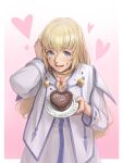 1girl blonde_hair blue_eyes blush candy chocolate choker colette_brunel dress food food_on_clothes food_on_face furrowed_brow hair_between_eyes hair_tucking heart heart-shaped_chocolate highres holding holding_plate incoming_food jewelry kazuko_(towa) long_hair looking_at_viewer nervous_smile open_mouth pantyhose pink_background plate shy smile solo tales_of_(series) tales_of_symphonia upper_body valentine 