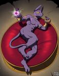 abs absurd_res anthro bed beerus deity domestic_cat dragon_ball dragon_ball_super eating energy felid feline felis food furniture gold_(metal) gold_jewelry hairless hairless_cat hi_res immelmann jewelry looking_at_viewer magic male mammal muscular nude pawpads paws purple_body solo sphynx_(cat)