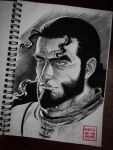  1boy beard facial_hair floating_hair full_beard graphite_(medium) greyscale highres light_smile long_hair looking_ahead male_focus mature_male maya_panda monochrome photo_(medium) portrait solo thick_beard thick_eyebrows thors traditional_media vinland_saga 