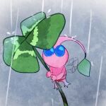  bad_id bad_twitter_id blue_eyes cloud cloudy_sky clover colored_skin commentary_request four-leaf_clover holding holding_clover insect_wings kunosuke_(inlncxtzhwsom8q) leaf looking_at_viewer lowres midair no_humans no_mouth oversized_plant pikmin_(creature) pikmin_(series) pink_skin rain sky solid_circle_eyes solo winged_pikmin wings 