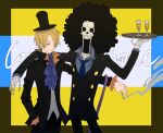  2boys afro ascot black_jacket black_pants blonde_hair blue_ascot blue_necktie brook_(one_piece) cane cigarette commentary_request cowboy_shot cup curly_eyebrows facial_hair goatee_stubble hair_over_one_eye hat highres holding holding_cane holding_cigarette holding_plate jacket male_focus multiple_boys necktie one_piece pants plate sanji_(one_piece) shirt skeleton smile smoke striped_clothes striped_shirt stubble suit top_hat vertical-striped_clothes vertical-striped_shirt waistcoat xx_zslove 