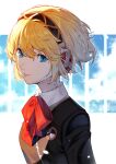  1girl absurdres aegis_(persona) android blonde_hair blue_eyes bow bowtie collared_shirt from_side gekkoukan_high_school_uniform hair_between_eyes headphones highres looking_at_viewer nishizora_aki parted_lips persona persona_3 persona_3_reload pink_lips red_bow red_bowtie ringed_eyes robot_ears school_uniform shiny_skin shirt short_hair smile solo upper_body 
