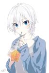  1girl anastasia_(idolmaster) blue_eyes blue_jacket blush breasts collarbone cup disposable_cup drinking drinking_straw grey_hair grey_shirt hair_between_eyes hands_up highres holding holding_cup idolmaster idolmaster_cinderella_girls idolmaster_cinderella_girls_starlight_stage jacket long_sleeves looking_at_viewer medium_breasts mouth_hold open_clothes open_jacket shirt short_hair signature simple_background solo sweat upper_body white_background yataneko_(echigo) 
