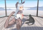  ass bangs black_legwear blunt_bangs blush cat dress feet hair_ribbon headgear highres kantai_collection long_hair lying murakumo_(kantai_collection) on_stomach orange_eyes panties panties_under_pantyhose pantyhose remodel_(kantai_collection) ribbon sailor_dress short_eyebrows silver_hair smile solo thighband_pantyhose throtem tress_ribbon underwear 