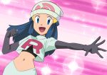  1girl :d beanie black_hair blue_eyes clenched_hand cosplay dawn_(pokemon) elbow_gloves eyelashes gloves hainchu hair_ornament hairclip hat highres jacket jessie_(pokemon) jessie_(pokemon)_(cosplay) logo long_hair navel open_mouth outstretched_arm pink_background pokemon pokemon_(anime) pokemon_dppt_(anime) shirt sidelocks skirt smile solo spread_fingers team_rocket team_rocket_uniform tongue white_headwear white_jacket white_skirt 