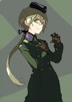  bad_id bad_pixiv_id black_ribbon brown_gloves buttons coat double-breasted facial_scar garrison_cap gloves green_eyes hair_ribbon hanna_rudel hat light_brown_hair long_coat long_hair long_sleeves military military_uniform nose_scar ponytail ribbon scar shiratama_(hockey) smile solo uniform world_witches_series 