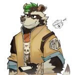 anthro clothed clothing digital_media_(artwork) ear_piercing english_text epic_games facial_piercing fortnite fur green_hair guavanzo hair male mammal nose_piercing nose_ring piercing procyonid raccoon ring_piercing rufus_(fortnite) septum_piercing simple_background smile smirk solo text