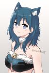  1girl alternate_costume animal_ear_fluff animal_ears bandeau bare_shoulders bell blue_eyes blue_hair breasts byleth_(female)_(fire_emblem) byleth_(fire_emblem) cat_ears commentary_request fang fang_out fire_emblem fire_emblem:_three_houses fur_collar fur_trim gradient_background hair_between_eyes jingle_bell kemonomimi_mode komurice large_breasts long_hair looking_at_viewer revision skin_fang solo strapless tube_top upper_body 
