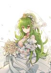  1girl absurdres bouquet breasts bridal_veil cleavage crown dress flower girls&#039;_frontline green_hair hair_flower hair_ornament hair_ribbon heart_o-ring heituitui highres holding holding_bouquet looking_at_viewer m950a_(girls&#039;_frontline) m950a_(the_warbler_and_the_rose)_(girls&#039;_frontline) mini_crown official_alternate_costume ribbon rose solo veil wedding_dress white_background white_dress white_flower white_petals white_ribbon white_rose yellow_eyes 