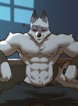 anthro black_bottomwear black_clothing black_pants bottomwear bulge canid canine canis clothing death_(puss_in_boots) dreamworks drkgreyy ears_up hi_res male mammal muscular pants puss_in_boots_(dreamworks) shirtless solo wolf