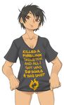  black_hair breasts brown_eyes clothes_writing commentary dark_souls earrings highres jason_robinson jewelry lips naked_shirt shirt short_hair solo souls_(from_software) t-shirt 