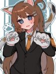  1girl @_@ animal_ears animal_hands armband blush brown_hair calico cat_ears cat_tail claws collared_shirt cowboy_shot gloves highres hod_(project_moon) lobotomy_corporation long_hair looking_at_viewer necktie nnnnhhhhnhnh open_mouth orange_necktie paw_gloves project_moon shirt sidelocks solo suit sweat tail very_long_hair white_shirt 