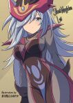  1girl absurdres black_dress breasts character_name dress duel_monster grey_eyes grey_hair hair_over_one_eye hat highres long_hair medium_breasts red_dress silent_magician solo usuba_kagerou_(shougyouchu) witch witch_hat yu-gi-oh! 