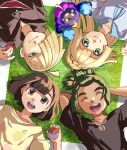  2boys 2girls ahoge black_hair black_shirt blonde_hair brother_and_sister circle_formation closed_eyes cosmog dark-skinned_male dark_skin floral_print gladion_(pokemon) green_eyes green_hair hair_over_one_eye hau_(pokemon) highres holding holding_poke_ball lillie_(pokemon) multiple_boys multiple_girls poke_ball poke_ball_(basic) pokemon pokemon_(creature) pokemon_sm ponytail red_headwear selene_(pokemon) shirt siblings smile solid_oval_eyes yu_(mekeneko1998) 