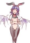  1girl alternate_costume animal_ears ascot bat_wings black_eyes black_jacket blue_hair breasts censored commentary_request cropped_jacket crossed_arms fake_animal_ears fang fishnet_thighhighs fishnets grin head_tilt highres jacket legs_together light_blush looking_at_viewer medium_hair meme_attire mosaic_censoring narrowed_eyes navel nipples pointy_ears puffy_short_sleeves puffy_sleeves pussy rabbit_ears red_ascot remilia_scarlet reverse_bunnysuit reverse_outfit shiraue_yuu short_sleeves small_breasts smile solo standing thighhighs touhou white_background white_sleeves wings 