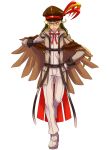  1boy blonde_hair brown_cape brown_coat brown_headwear cape coat full_body gloves hair_between_eyes hand_on_own_hip hat_feather long_sleeves male_focus mugen_infinite pants personification pidgeot pokemon solo standing white_background white_gloves 