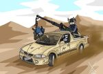 armor bulletproof_vest canid canine canis car detailed_background driving fox fur grey_body group holding_object holding_weapon hz_(hz_foxy) hz_foxy male mammal military proton_car smile soldier trio unknown_character vehicle warrior weapon white_body white_fur wolf