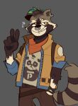 anthro clothed clothing digital_media_(artwork) ear_piercing epic_games facial_piercing fortnite fur gesture green_hair hair hand_gesture hand_in_pocket handwear hi_res male mammal nervous_smile nose_piercing piercing pockets procyonid raccoon rufus_(fortnite) scraffyraccoon septum_piercing silly simple_background solo tail v_sign