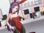  1girl :d animal_ears bare_arms bare_shoulders bow bowtie breasts brown_pantyhose detached_collar fake_animal_ears hairband leotard long_hair pantyhose playboy_bunny pointy_ears purple_hair rabbit_ears red_bow red_bowtie red_eyes red_hairband red_leotard small_breasts smile solo sword_art_online v vogel_schwein wrist_cuffs yuuki_(sao) 