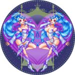  2girls amazon_pandora blue_hair breasts clothing_cutout collarbone commentary_request dual_persona full_body heart hiroka_m kid_icarus kid_icarus_uprising looking_at_viewer multiple_girls nail_polish navel navel_cutout pandora_(kid_icarus) red_eyes symmetry 