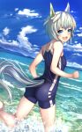  1girl animal_ears ass barefoot blue_one-piece_swimsuit blue_sky blush breasts cloud cloudy_sky commentary_request competition_school_swimsuit ear_covers from_behind grey_hair hair_ornament hairclip highres horse_ears horse_girl horse_tail looking_at_viewer ocean one-piece_swimsuit open_mouth outdoors running school_swimsuit seiun_sky_(umamusume) single_ear_cover sky small_breasts smile solo swimsuit tail teeth tks_(526tks) tracen_swimsuit umamusume upper_teeth_only water 