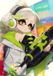  bare_arms bare_shoulders black_dress bow-shaped_hair detached_collar dress food food_on_head gloves green_pantyhose grey_hair headphones hero_charger_(splatoon) highres jacket marie_(splatoon) mole mole_under_eye nomu_(29_nom) object_on_head pantyhose short_dress short_ponytail splatoon_(series) squid_girl strapless strapless_dress sushi swept_bangs tentacle_hair thick_eyebrows white_gloves white_jacket yellow_eyes 