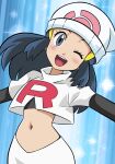  1girl ;d beanie black_hair blue_background blush commentary_request cosplay dawn_(pokemon) elbow_gloves eyelashes gloves grey_eyes hainchu hair_ornament hairclip happy hat highres jacket jessie_(pokemon) jessie_(pokemon)_(cosplay) logo long_hair navel one_eye_closed open_mouth pokemon pokemon_(anime) pokemon_journeys shirt sidelocks sideocks skirt smile solo teeth tongue upper_teeth_only white_headwear white_jacket white_skirt 