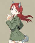  ;) animal_ears bad_id bad_pixiv_id blush finger_to_face grey_background long_hair long_sleeves lowres military military_uniform minna-dietlinde_wilcke one_eye_closed red_eyes red_hair shiratama_(hockey) simple_background smile solo strike_witches tail uniform wolf_ears wolf_tail world_witches_series 