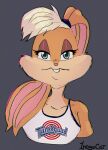 1ndigocat blonde_hair buckteeth clothed clothing countershade_face countershade_fur countershading english_text female fur green_eyes hair hi_res lagomorph leporid lidded_eyes lola_bunny looking_at_viewer looney_tunes mammal pink_nose portrait rabbit signature simple_background solo space_jam tan_body tan_fur teeth text warner_brothers