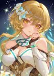  1girl absurdres bare_shoulders blonde_hair breasts chinnpou cleavage commentary detached_sleeves flower genshin_impact hair_flower hair_ornament highres large_breasts long_hair long_sleeves looking_at_viewer lumine_(genshin_impact) smile solo upper_body white_flower yellow_eyes 