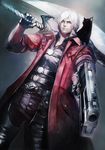  animal animal_on_shoulder banpai_akira black_cat cat cat_on_shoulder chaps coat dante_(devil_may_cry) devil_may_cry devil_may_cry_4 ebony_&amp;_ivory fingerless_gloves gloves gun highres looking_at_viewer looking_down over_shoulder red_coat red_eyes sparda_(sword) sword sword_over_shoulder weapon weapon_over_shoulder white_hair 