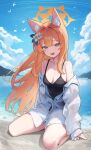  1girl :d absurdres animal_ear_fluff animal_ears beach black_one-piece_swimsuit blue_archive blue_eyes blush breasts buttons cat_ears cloud collarbone collared_shirt day flower hair_flower hair_ornament highres long_hair looking_at_viewer mari_(blue_archive) ocean one-piece_swimsuit open_mouth orange_hair outdoors setakman shirt sky small_breasts smile solo swimsuit white_flower white_shirt 