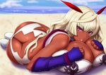  ass beach blonde_hair bol_(liliymimi) breast_pillow breasts butt_crack cleavage dark_skin day huge_ass huge_breasts itou_ittousai_(sengoku_bushouki_muramasa) long_hair looking_at_viewer ocean purple_eyes sengoku_bushouki_muramasa smile solo 