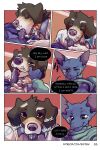 bastriw brown_eyes canid canine canis clothed clothing comic dialogue domestic_cat domestic_dog duo felid feline felis fernando_(bastriw) genitals hi_res male male/male mammal oral partially_clothed pato_(bastriw) penis purple_eyes sex text