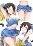  1girl :o absurdres aqua_eyes armpits arms_up black_hair blue_shirt blue_skirt bouncing_breasts breasts cheerleader closed_mouth clothes_lift commentary_request crop_top hair_between_eyes hair_ribbon highres holding holding_pom_poms kanosawa large_breasts long_hair looking_at_viewer multiple_views navel open_mouth panties pom_pom_(cheerleading) ribbon shirt shoes sidelocks simple_background skirt skirt_lift smile sneakers socks standing thighs tougou_mimori underwear white_background white_footwear white_panties white_socks yuuki_yuuna_wa_yuusha_de_aru yuusha_de_aru 