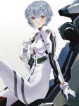  1girl absurdres ayanami_rei blue_hair bodysuit breasts cockpit gloves hairpods highres looking_at_viewer medium_breasts neon_genesis_evangelion pilot_chair pilot_suit plugsuit red_eyes short_hair smile solo white_background white_bodysuit white_gloves zuuin 