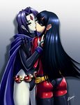  2girls ass black_hair gradient gradient_background karosu-maker kiss long_hair multiple_girls raven_(dc) teen_titans the_incredibles violet_parr yuri 