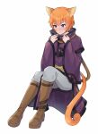  1girl alternate_costume animal_ears bad_source blush boots cat_ears cat_girl cat_tail closed_mouth collar facepaint fire_emblem fire_emblem:_path_of_radiance fire_emblem:_radiant_dawn highres holding holding_collar lethe_(fire_emblem) orange_hair purple_eyes purple_robe robe short_hair sitting solo tail white_background witchi 