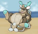 animate_inanimate antlers blue_eyes blush bodily_fluids brown_eyes egg horn inflatable inflation living_inflatable oviposition pool_toy simple_background solo symrea