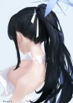  1girl absurdres bare_shoulders black_hair blue_archive blue_halo breasts choker cleavage downblouse dress earrings from_behind hair_ribbon halo highres jewelry large_breasts long_hair mole mole_on_breast nape no_bra official_alternate_costume ponytail ribbon saori_(blue_archive) saori_(dress)_(blue_archive) solo strapless strapless_dress twitter_username white_choker white_dress zeradok 